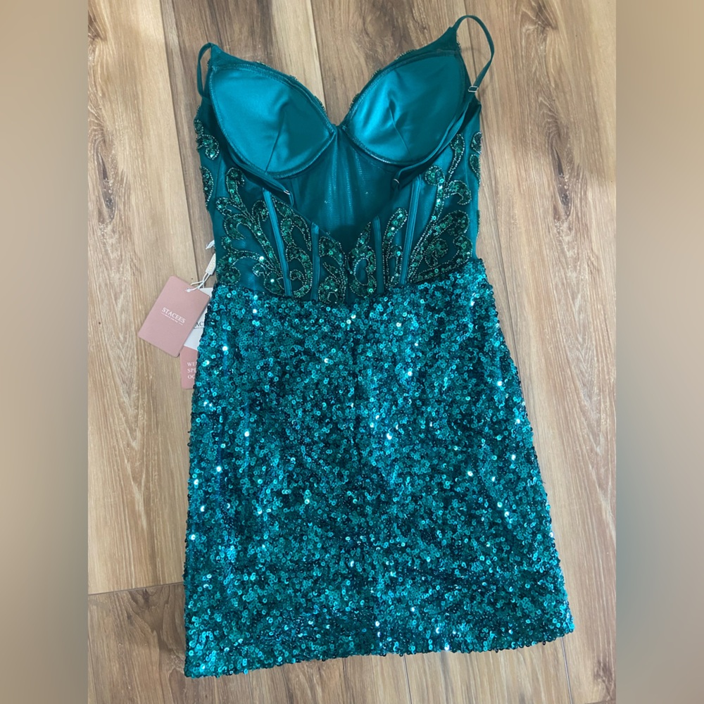 Embroidered Teal Sequin Formal Dress - Picture 3 of 5